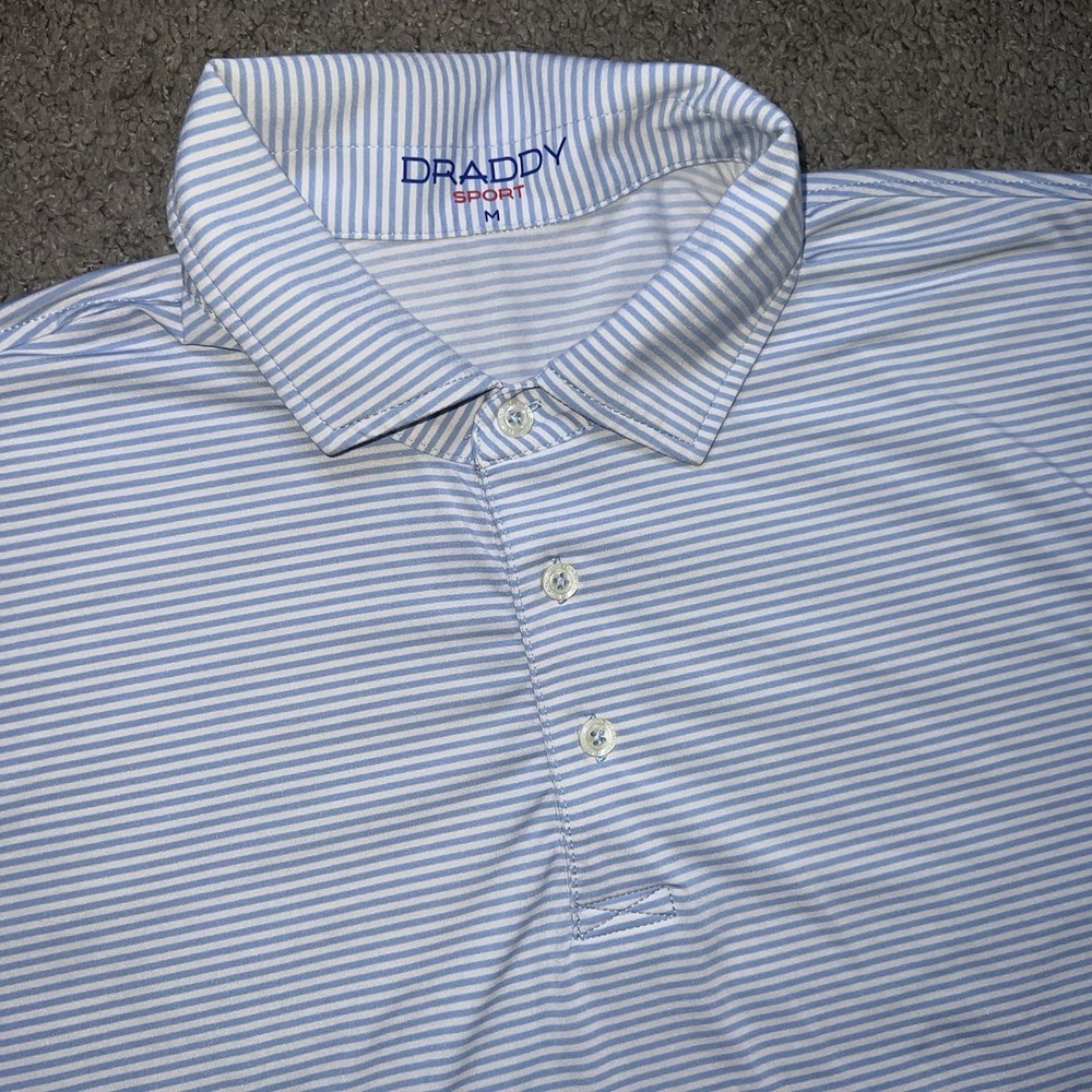 B Draddy Sport Polo Shirt Mens Medium White Blue Striped Performance Stretch